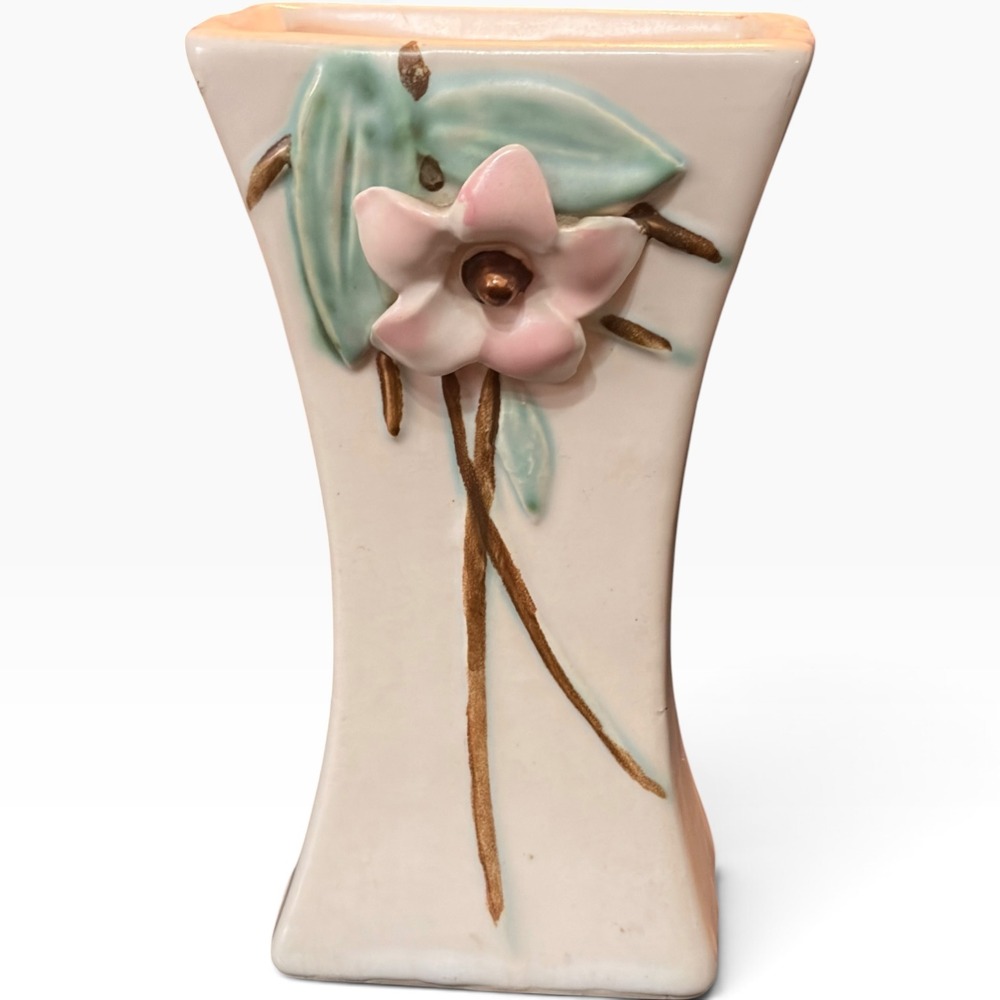 Vintage McCoy Pink Floral Art Pottery Vase Cream Cottagecore Decor 6.5"